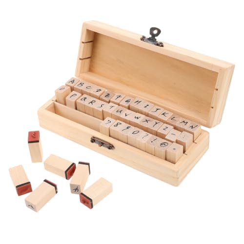 LIOOBO 42pcs Wooden Alphabet Number Stamps Set with Symbols for Creative Craft Projects and Diary Entries, Beige Wood Material, Imprints, Graceful Script Style for Scrapbooking and DIY