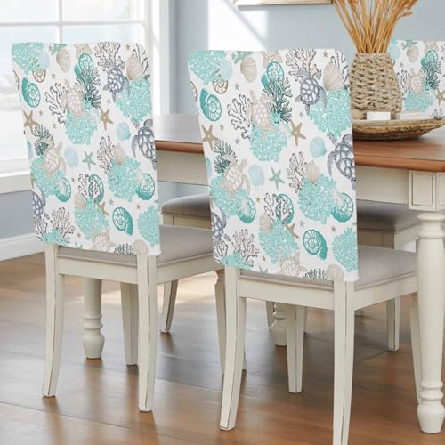 Litter Star Chair Back Covers Set of 4, Sea Turtle Starfish Shell Coral Dining Room Chair Cover Washable Removable Slipcover, Marine Life Art Chairs Protector for Kitchen Hotel Party