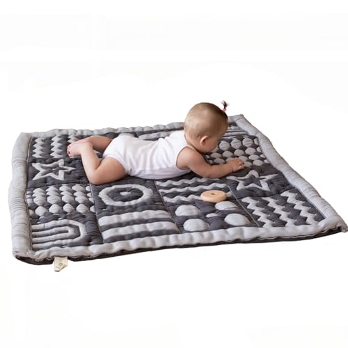 Little Dedi Organic Cotton Baby Play Mat – GOTS Certified 40x40 in Crawling Blanket, Montessori 3D Sensory Design, Reversible Tummy Time Mat, No Loose Threads, Machine Washable