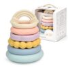 LITTLE RAWR 2-IN-1 Baby Stacking Rings & Teething Toys, Food Grade Silicone Montessori Stacking Toy for Babies 6-12 Months, Sensory Learning & Fine Motor Skills Toy, Baby Gift for Boys Girls (Rainbow)