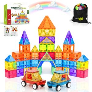 Little Vo Magnetic Tiles 100 pcs with 2 Cars, STEM Building Blocks for Kids, Educational Gift, Magnet Construction Toys for Toddlers, School Teacher Supplies, Classroom Must-Haves