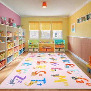 LIVEBOX 6x9 Pink ABC Kids Classroom Rug, Washable Alphabet Rug for Classroom Elementary School Learning, Colorful Educational Preschool Kids Carpet, Playmat Rugs Non-Slip Playroom Mat for Daycare