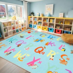 LIVEBOX 7'5" x 13' Blue ABC Kids Classroom Carpet, Large Washable Alphabet Educational Learning Area Rugs for Classroom Elementary, Non-Slip Preschool Kids Teacher Rug for Kindergarten Daycare Baby