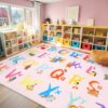 LIVEBOX 7'5" x 13' Pink ABC Kids Classroom Carpet, Large Washable Alphabet Educational Learning Area Rugs for Classroom Elementary, Non-Slip Pastel Preschool Kids Teacher Rug for Kindergarten Daycare