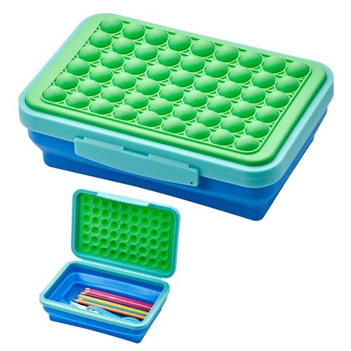 LockerMate by Bostitch Expandable Pencil Box with Pop-It Top Collapsible Pencil Case for Craft and School Supplies, Green/Blue