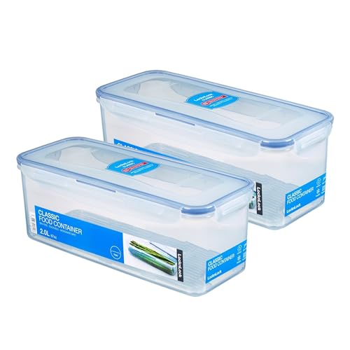 LocknLock Set of 2 HPL844 Storage Containers with Drain Rack, 2 Litres, Dimensions (L x W x H): 278 x 115 x 103 mm, Suitable for Freezing and Microwave Lock and Lock Containers, Food Box, Meal Prep