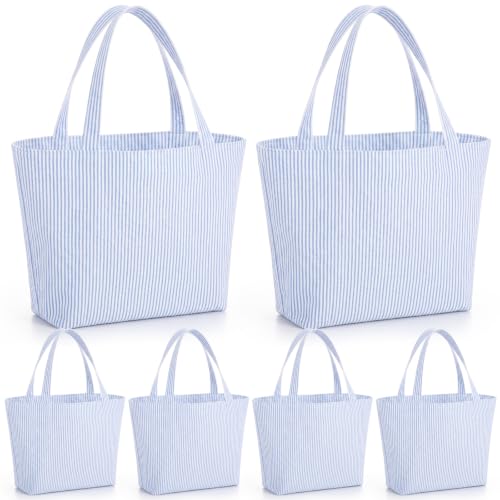 Locmeo 6 Pcs Mini Seersucker Canvas Bags for Women Small Canvas Tote Bag Macaron Preppy Storage Pouches for Travel Beach Bachelorette Bridesmaid Wedding Welcome Gift Camp Birthday Party Favor