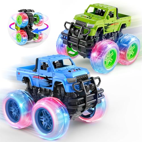 LODBY Monster Trucks Toys for Toddlers, Light-Up Trucks & Cars Toys for 2 3 4 5 6 Year Old Boy Christmas Birthday Gifts, Kids Push and Go Cars with Flashing Wheels (2 Pack)