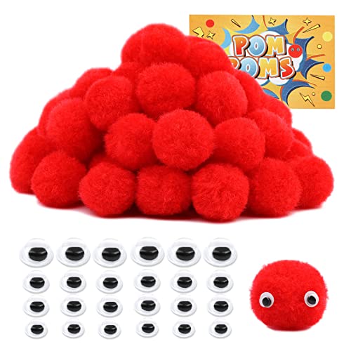 LOKUNN 1 Inch Pom Poms, Red Pom Poms for Arts and Craft, Soft and Fluffy Pom Pom Balls with Self-Adhesive Eyes, Pompoms for DIY Wedding Valentine's Day Party Decorations