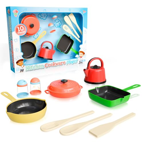 Lollipop Kids Kitchen Playset Pots and Pans with Utensils Cookware Playset – 10-Piece Gourmet Cooking Set for Toddlers 3+ | Complete with Cooking Utensils & Accessories | Safety Tested for Safe Play