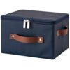 LOLUVIZCO Storage Bins Box with Zippered Lid Decorative PU Leather Fabric Basket with Handles PP Plastic Board Foldable Washable Lidded Clothing Shelf Closet Organizer Container (Deep Blue, Small)