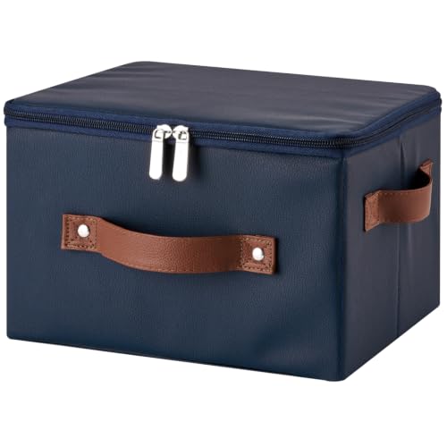 LOLUVIZCO Storage Bins Box with Zippered Lid Decorative PU Leather Fabric Basket with Handles PP Plastic Board Foldable Washable Lidded Clothing Shelf Closet Organizer Container (Deep Blue, Small)