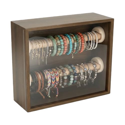 Lolytama Bracelet Holder,Bangle Box with Clear Lid & 2 Tier Display Rods,Dustproof Bracelet Storage Organizer for Bangles,Watches,Beads,Jewelry Box,Dresser Top-Walnut Wood Grain,1 Pack