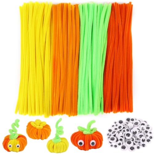 LOMIMOS 300pcs Thanksgiving Pipe Cleaners Craft Set,200 Fuzzy Chenille Stems & 100 Self-Adhesive Googly Eyes Fall Autumn Arts Crafts Supplies for Kids DIY Decorations School Projects Home Handcraft