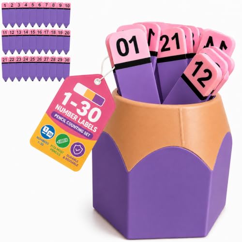 londyx Pencil Number Counting Set - Counting Pencil Set Classroom Math Manipulative 1-30, Reusable Classroom Organization and Sequencing Board for Learning, Preschool and Elementary (Purple)