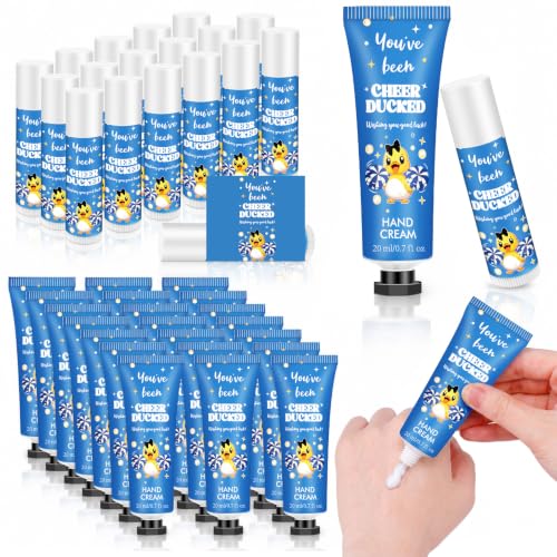 Loopeer Blue 20 Sets Cheerleader Duck Hand Cream Lip Balm Bulk Gift Cheerleader Party Favor Mini Travel Size Moisturizing Hand Lotion for Women Cheer Team Gift Competition End of Season Celebration