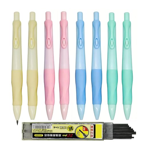 Lopenle 12 Pack Mechanical Pencils with Grip Trainer, Automatic 2.0mm 2B Lead, Push Button with Built-in Sharpener (4 Assorted Colors) + 10 Extra Refill Leads - Ergonomic Writing Aid for Beginners