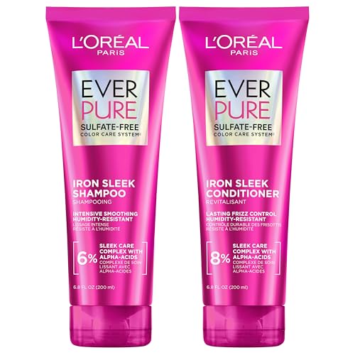 L'Oreal Paris Sulfate Free Iron Sleek Smoothing Shampoo and Conditioner Set, Frizz Control and Humidity-Resistant Formula with Alpha-Acids, Suitable for Color-Treated Hair, EverPure, 13.6 Fl Oz Set