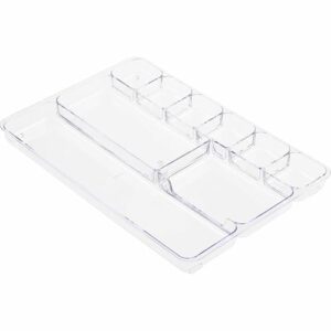 Lorell Drawer Tray Organizer, 9-Compartments, 9.38" x 14" x 1.25", Plastic, Clear