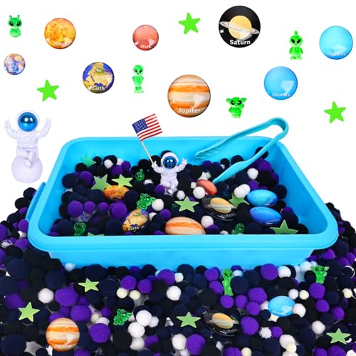 Losnakt Space Sensory Bin for Toddler, No-Mess Pom Poms Sensory Play Kit for Preschool Learning, Gifts for Boys Girls Age 3 4 5 6+