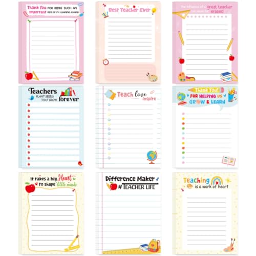 Lovarywow Teacher Sticky Notes Gifts - 9 Pack Inspirational Sticky Notes 3x4 Inch Thank You Teacher Appreciation Week Gifts Post Self-Stick Memo Pad Office School Supplies 450 Sheets