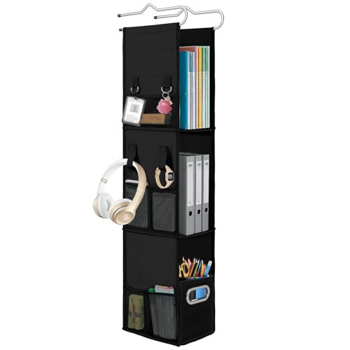 LOVEGRASS Hanging Locker Shelf with Drawer, Hanging Locker Organizer with Side Pockets - Adjustable Shelf from 3 to 2 Shelves for School Locker, Gym, Closet, Garage, 9" x 7" x 38.5" (Black)