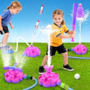 Love&Mini 4-in-1 Sprinkler for Kids - Water-Spraying Rocket, Water Baseball Game & Stomp Rocket Launcher, 360° Spinning Sprinkler Outdoor Water Play Set, Pink Outside Summer Toys for Kids 3-12