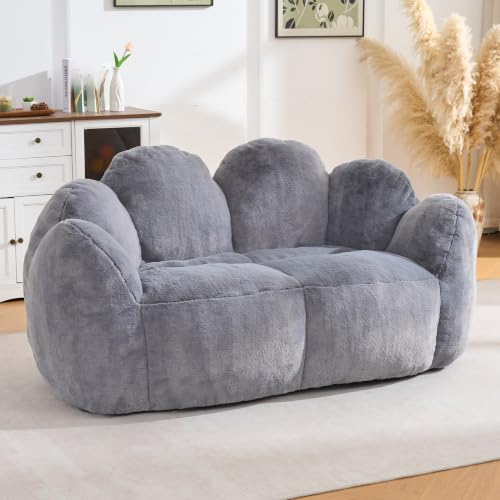 Loveseat Bean Bag Chair for Adults, Giant Floral Shaped Bean Bag Sofa, Oversized Faux Fur Couch, Ultra Soft Love Seat for Living Room Bedroom Game Room, Comfy Reading Chair (Grey)