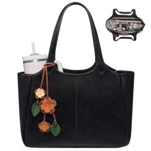 LOVEVOOK Tote Bag for Women, Leather Vintage Work Bag with 40oz Cup Holder,Nurse Teacher Shoulder Bag,Roomy,6 Pockets