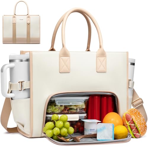LOVEVOOK Work Tote Bag with Lunch Compartment with Giant Tumbler Holder,17 Inch Waterproof 3 in 1 Lunch Bag Women Men Laptop Bag Purse Tote with Padded Sleeve for Teacher,Nurse,College,Travel,Office