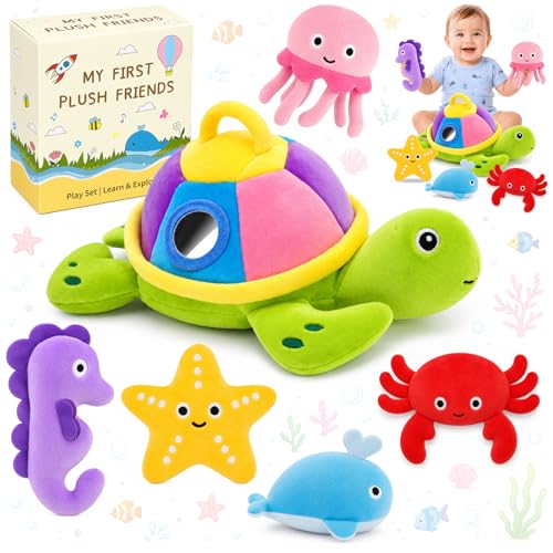 LSYDCARM Baby Toys 6-12 Months, 6PCS Baby Sensory Toys with Turtle Bag, Ocean Stuffed Animals Set with Crinkle, Rattle & Squeaker, Montessori Learning Toy Newborn Toy Gifts for 0-12 Months