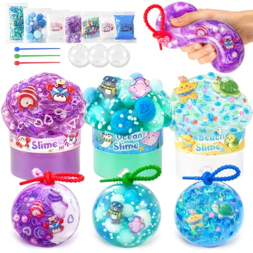 luckycrazy 3 Pack Ocean Slime Kit for DIY Stress Balls, Clear Slime with 3 TPR Skins & Add-ins, Non-Sticky Sensory Toys for Stress Relief, Party Favors Birthday Goodie Bag Stuffers for Kids & Adults