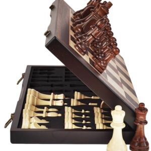 Ludoore 15" Magnetic Wooden Chess Set - Large Folding Portable Travel Chess Board - Hand Carved Pieces - Foam Storage Slots - 2 Extra Queens - Tournament and Beginner Play - Adults and Kids