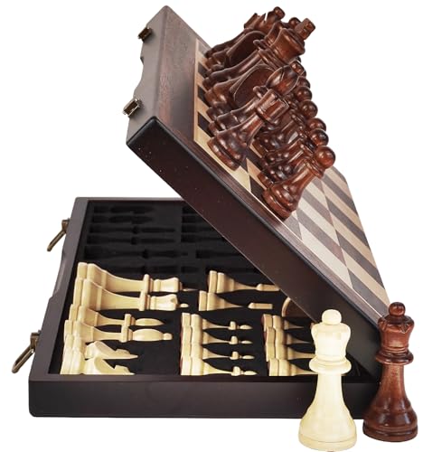 Ludoore 15" Magnetic Wooden Chess Set - Large Folding Portable Travel Chess Board - Hand Carved Pieces - Foam Storage Slots - 2 Extra Queens - Tournament and Beginner Play - Adults and Kids