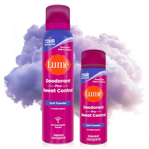 Lume Deodorant Plus Sweat Control - Invisible Spray - Extra Strength Antiperspirant For Underarms - 72 Hour Odor And Sweat Control - Baking Soda Free - Full Size + Mini 2 Pack (Soft Powder)