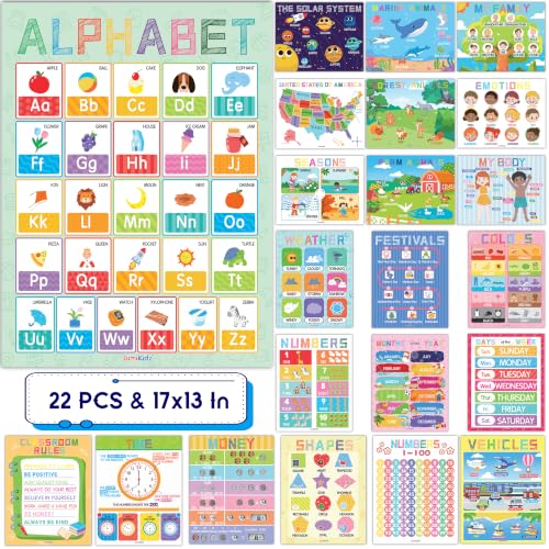 Lumikidz 22 Educational Posters for Toddlers 1-3, Large 17"x13" Toddler Learning Posters with Alphabet Numbers Animals - Preschool Learning Activities, Homeschool Classroom Decor, Kindergarten Teacher Supplies