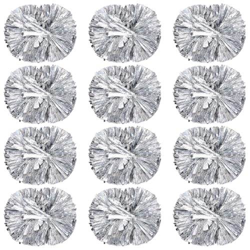 LUMINFLY 12 PCS Cheerleading Pom Poms, 11.4 in Silver Pom Poms with Handles, for Sports Events and Parties, Lightweight PET Strands, Easy Grip, Full Fluffy Look for Team Spirit and Cheer Practice