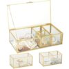 LUMINFLY Glass Jewelry Box, Golden Vintage Mirrored Keepsake Box with 2 Detachable Jewelry Organizers, 3 in 1 Clear Lid Display Box, Rectangle Makeup Storage Container