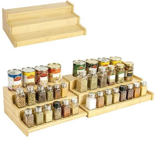 LUMINFLY Spice Rack Organizer, 3 Tier Extendable Wood Kitchen Cabinet Pantry Organizer and Countertop Display Shelf, Desktop Seasoning Storage for Spice Bottles, Cosmetics, 13.8 x 7.9 x 4.7 in