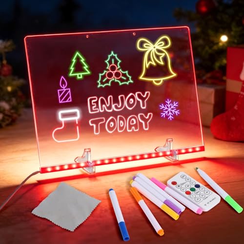 Luminous LED Drawing Board, 13.8 x 9.8 in DIY Light Up Message Board with Markers, Stands, Hanging Chains, Remote, Adhesive Hooks, Erasable Creative Doodle Sign, USB Cable, US Adapter