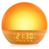 LUMLLSAJI Sunrise Alarm Clock, White Noise Sound Machine, Gentle Alarm Clocks for Bedrooms, Wood Grain, 24 Soothing Sounds, 17 Night Lights, Dimmable Clock, Dual-Alarm for Heavy Sleepers