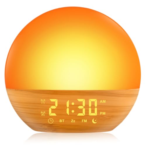 LUMLLSAJI Sunrise Alarm Clock, White Noise Sound Machine, Gentle Alarm Clocks for Bedrooms, Wood Grain, 24 Soothing Sounds, 17 Night Lights, Dimmable Clock, Dual-Alarm for Heavy Sleepers