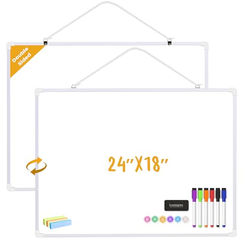 Lumspax Dry Erase Board for Wall, 24" x 18" Double-Sided Hanging Magnetic Whiteboard with 6 Markers, 6 Magnets and 3 Mini Sticky Notes, Large White Board for Kids, School, Home, Office