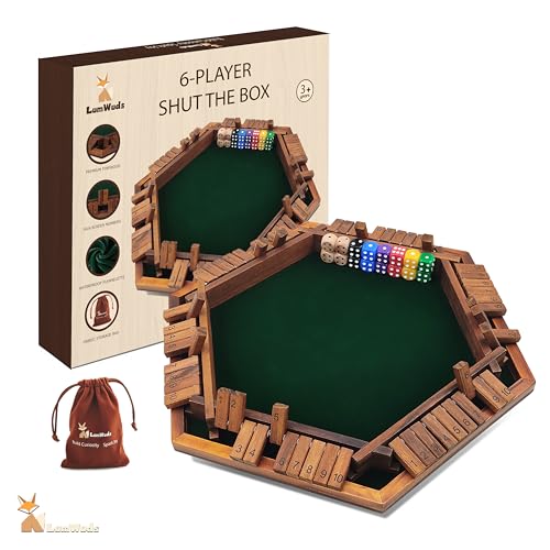 LumWuds Shut The Box Game Wooden Board Game for 1-6 Players with 16 Dice, Dice Game for Adults & Kids at Home, Classroom or Parties