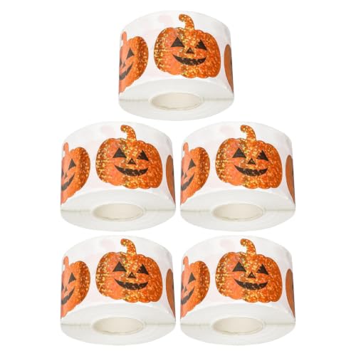 Lurrose 5 Rolls Waterproof Halloween Pumpkin Decorating Stickers Shiny Holographic Finish and Glitter, Self-Adhesive Orange Pumpkin Seals for Envelopes and Trick or Treat Party Favors