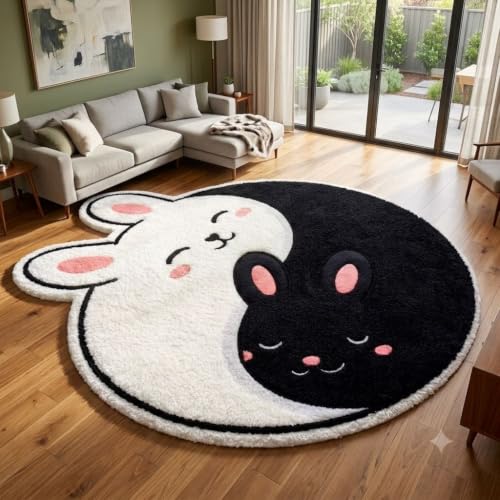 Lush Rugs Handtufted Area Rug 4x4ft Yin Yang Bunny Cute Rabbit Carpet New Zealand Wool Animal Pattern Handmade Rugs for Living Room Entryways and Kids Room Décor (Black and White)