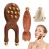 LUXBRILENT 2Pcs Rosewood Facial Massage Tools, Y-Shaped Face Meridian Gua Sha Massager & Double-Ended Eye Roller with Brass Beads, Wood Manual Massage Tool, Includes Storage Pouch