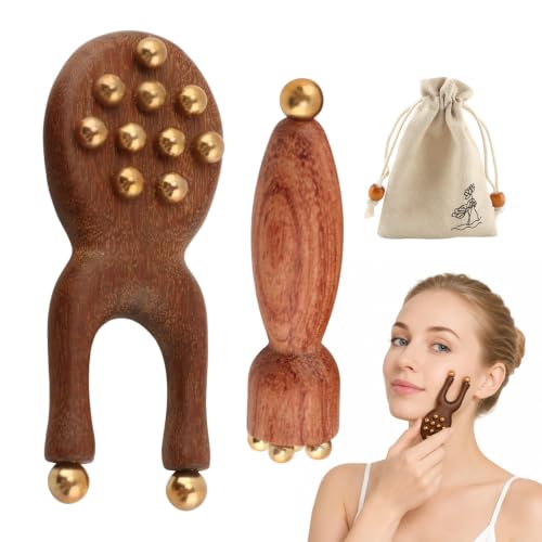 LUXBRILENT 2Pcs Rosewood Facial Massage Tools, Y-Shaped Face Meridian Gua Sha Massager & Double-Ended Eye Roller with Brass Beads, Wood Manual Massage Tool, Includes Storage Pouch