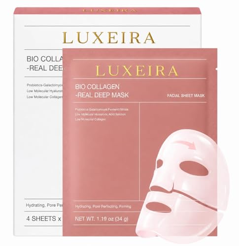Luxeira Bio-Collagen Real Deep Mask, Hydrating Overnight Hydrogel Face Mask, Pore Minimizing, Elasticity, Plumping, Travel Essentials & Self Care Gifts for Women, Skin Care | 1.19oz(34g) x 4ea