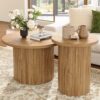 LUXOAK Nesting Coffee Table Set of 2, Mid Century Modern Round Coffee Tables, Wood Slat Side Table Set for Living Room, Office, Balcony (Natural Oak)